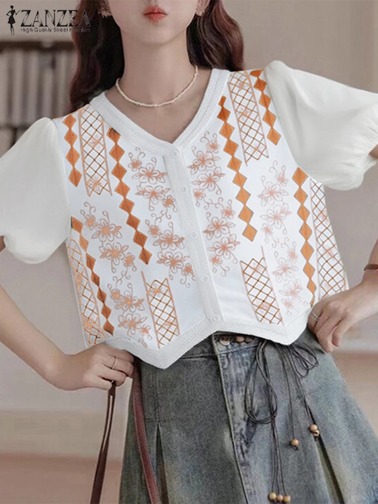 

ZANZEA Women Blouse Shirts Vintage Floral Print Tunic Tops 2025 Fashion Summer Short Sleeve Loose Casual V-Neck Blusas Femininas