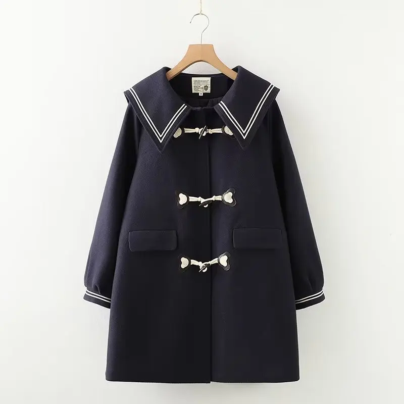 

[Ready Stock] High Quality Women Wollen Coat Jacket Embroidered Bear Wooden Buckle Medium and Long, Warm Woolen Jackets