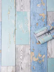 Blue Distressed Wood Peel and Stick Wallpaper Self Adhesive Vinyl Film Wood Grain Wallpaper for Furniture Cabinet Countertop