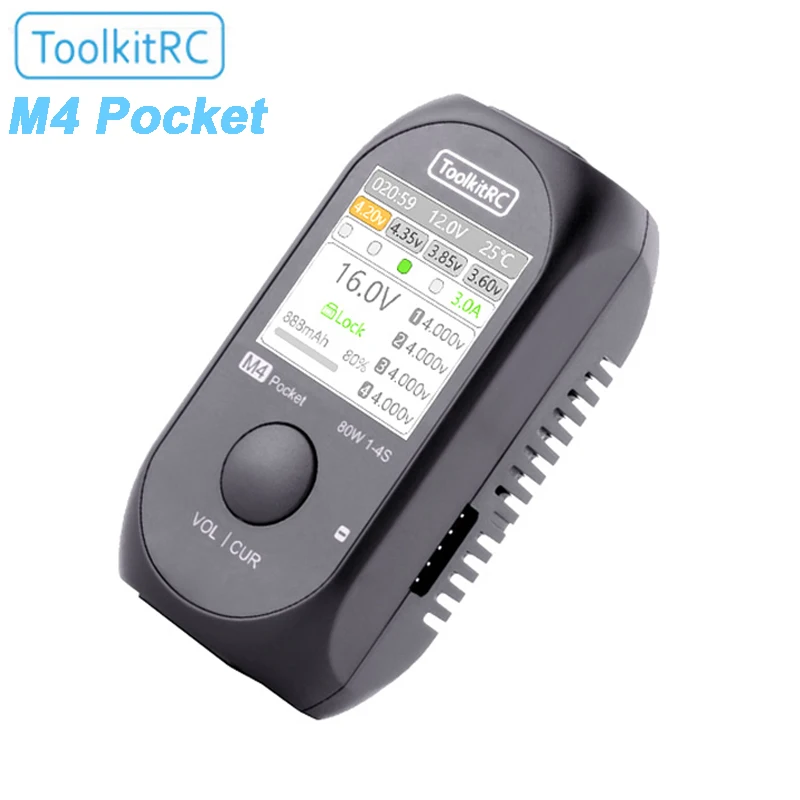 ToolkitRC M4 Pocket Mini Lithium Battery Balance Charger DC 80W 5A 7.0-25.0V XT30 / XT60 / USB-C Interface IPS 1.54 Inch Screen