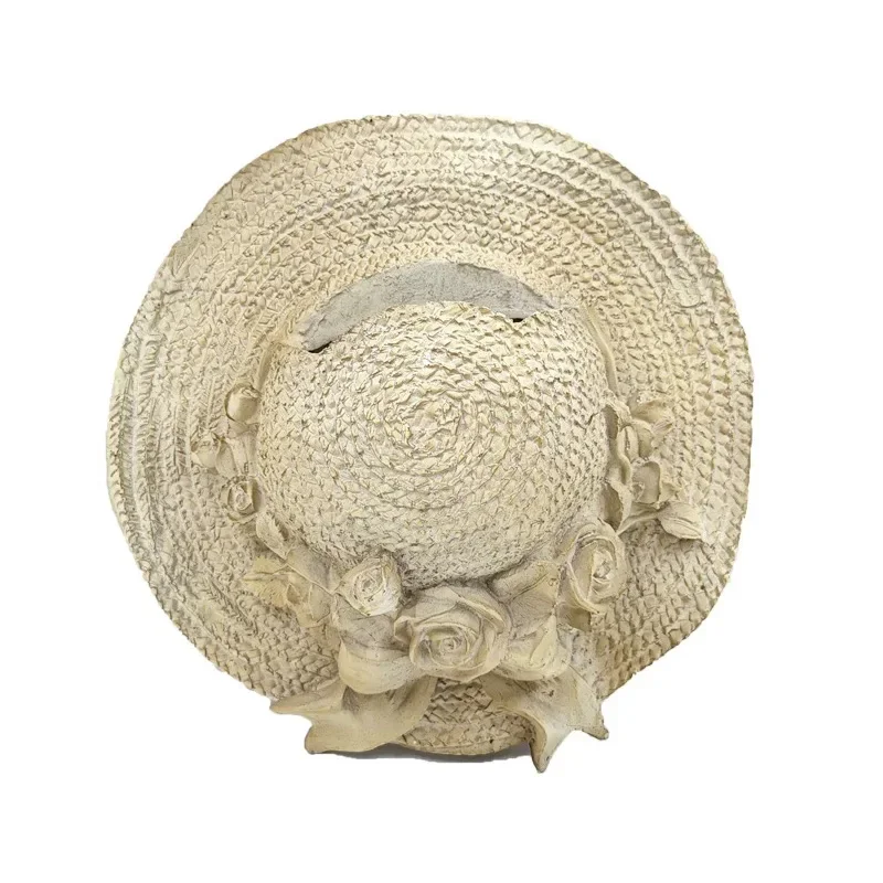 Vintage Decorative Resin Straw Hat Wall Planter, Cream White with Rose Details, 12 x 30 cm, French Country Style Garden Decor
