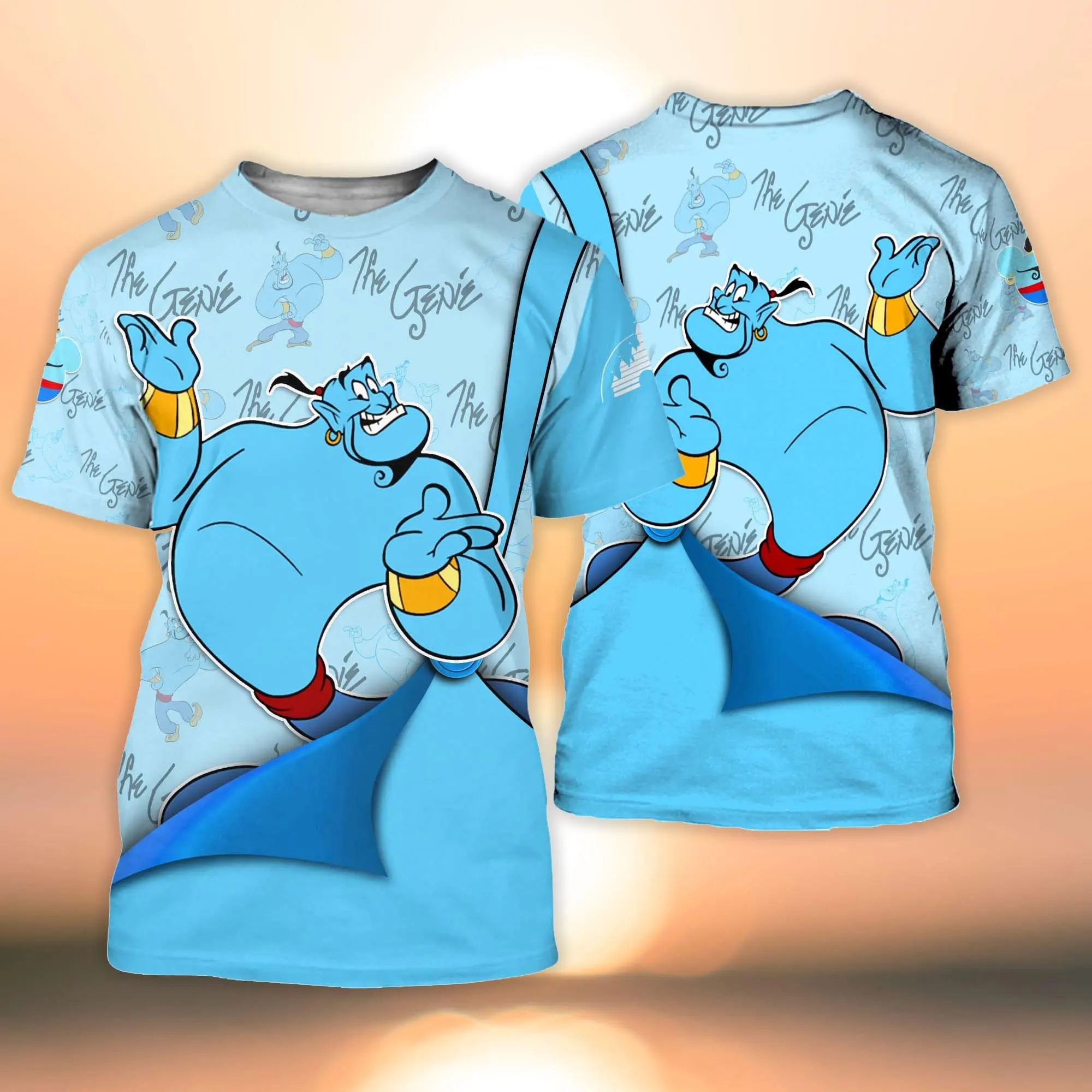 2024 여름 남성 알라딘 지니 블루 패턴 만화 3D 티셔츠 여성 어린이 레저 스포츠 대형 탑