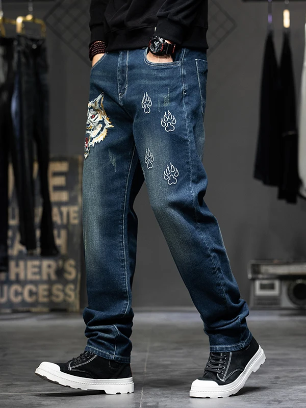 

Loose Straight Leg Men's Jeans Embroidered Casual Sle Elastic Waist Spring Autumn Wear Resistant hine Waable