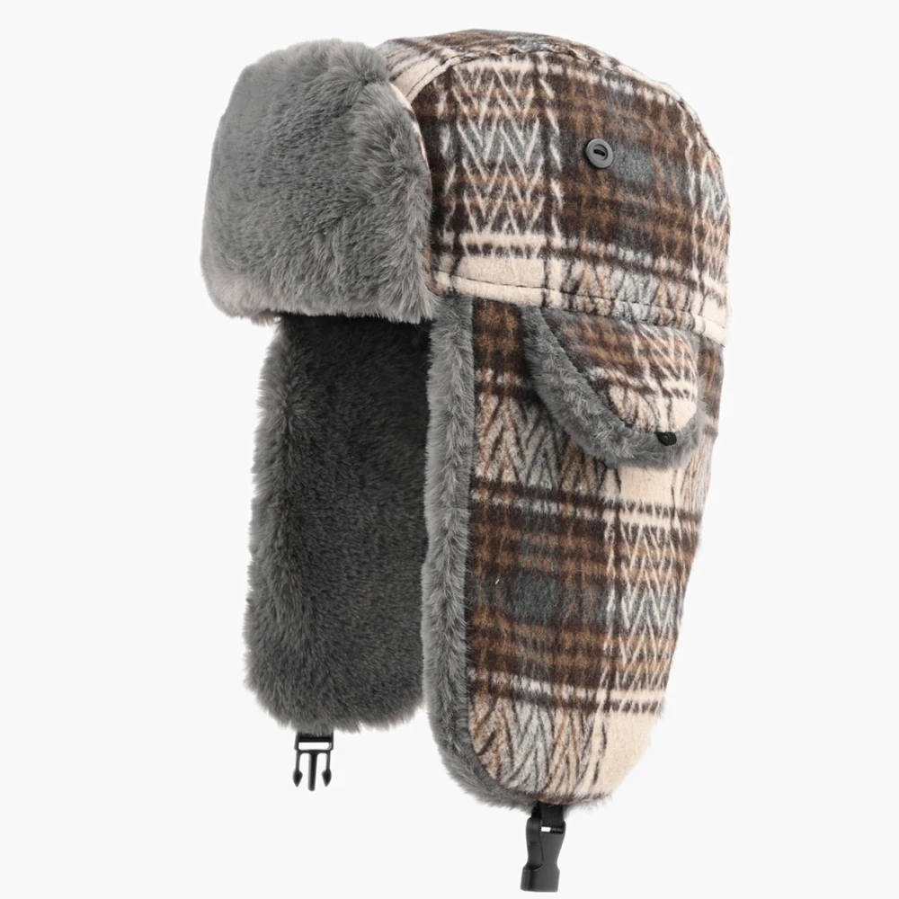 HT5207 New Thick Warm Russian Fur Hat Men Women Plaid Bomber Hat Male Female Ski Trapper Earflap Cap Unisex Windproof Bomber Hat