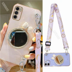 Glitter Bow Pearl Mirror Lanyard Strap Case For Motorola Moto G8 G9 G50 G30 G20 G10 G40 G60S G22 G23 G52 G53 G73 G60s E6S Cover