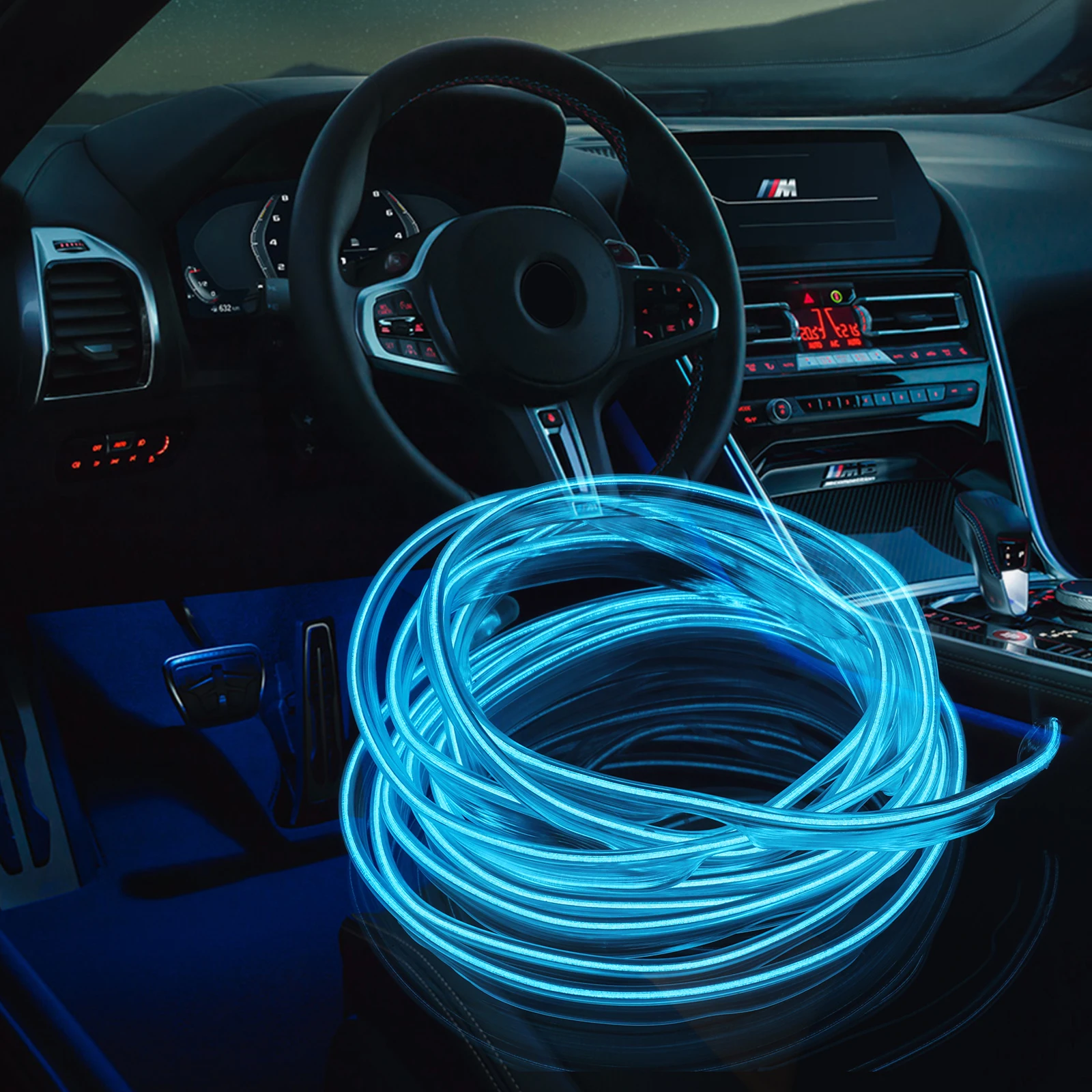 12V LED Car Interior Decoration Light EL Wiring Neon Strip For Auto DIY Flexible Ambient Light with Drive Ambient Lamp Ice Blue