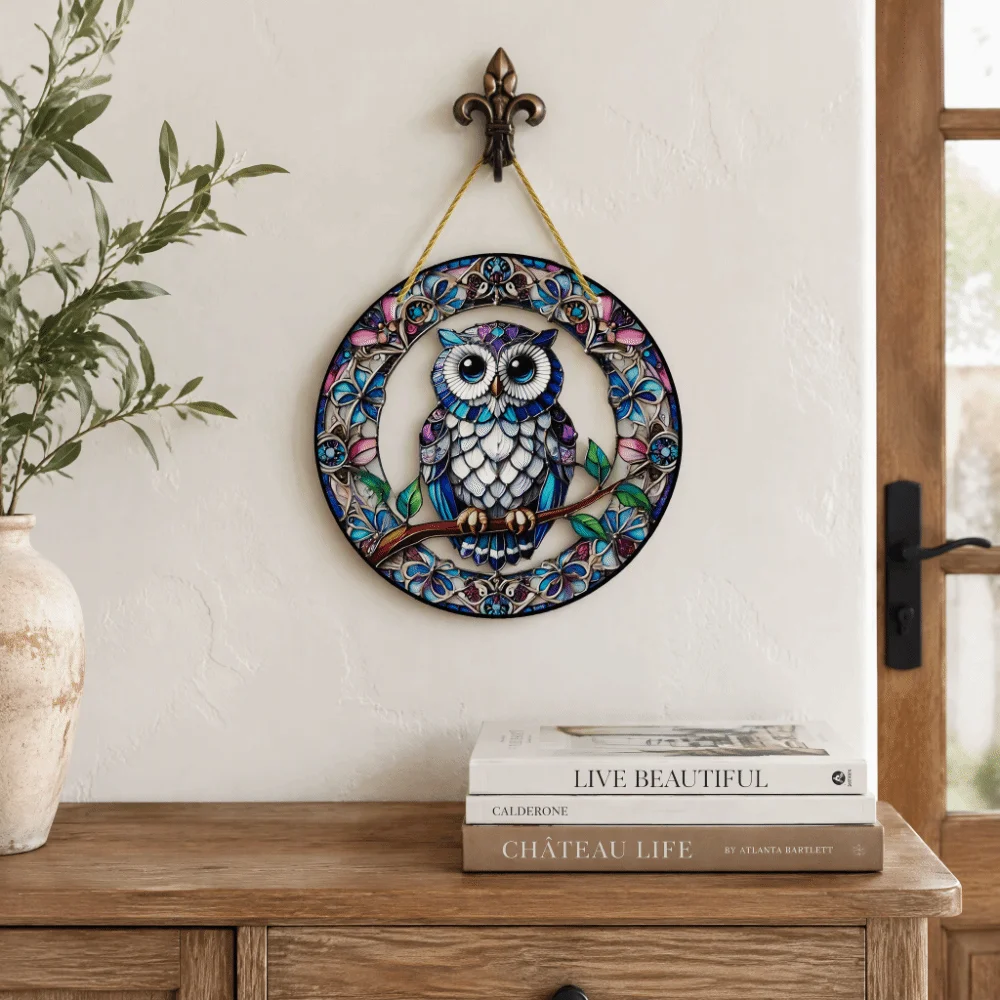 Flat Acrylic Sun Catchers Printed Pattern 20cm Diameter Stained Glass Decor Floral Border Cord Included Metal Tin Sign