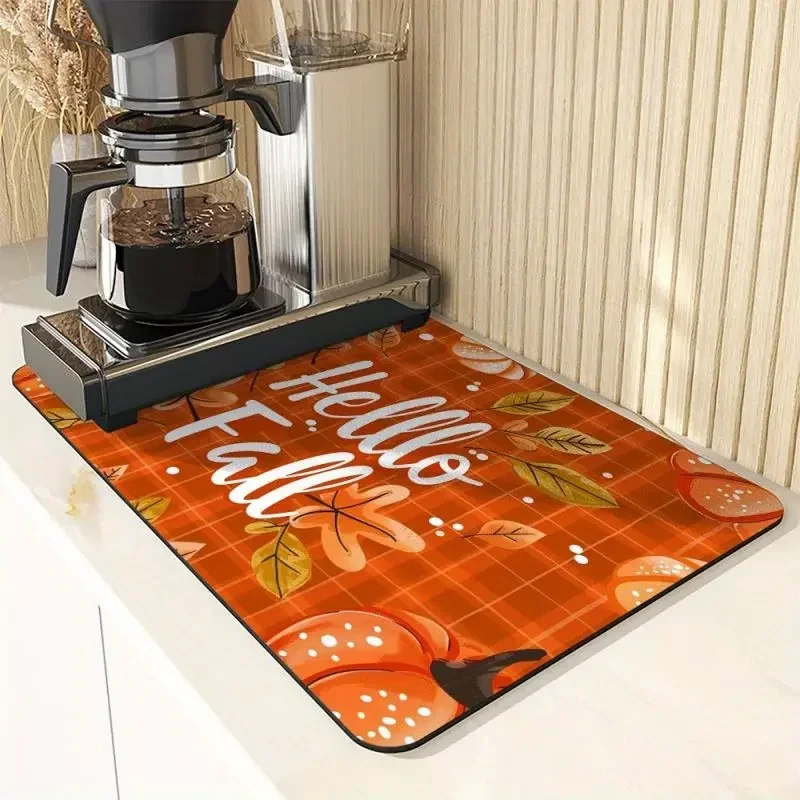 Hello Fall Pumpkin Plaid Absorbent Dish Drying Mat Kitchen Counter Drainer Mat Coffee Station Pad Bathroom Quick-Dry Mat