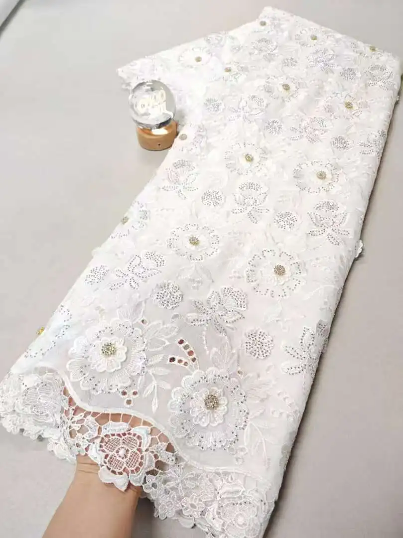 

2026 High-Quality African Nigerian Sequins Cotton Embroidery Lace Fabric Tulle for Luxury Wedding Party Dress Chiffon 5 Yards