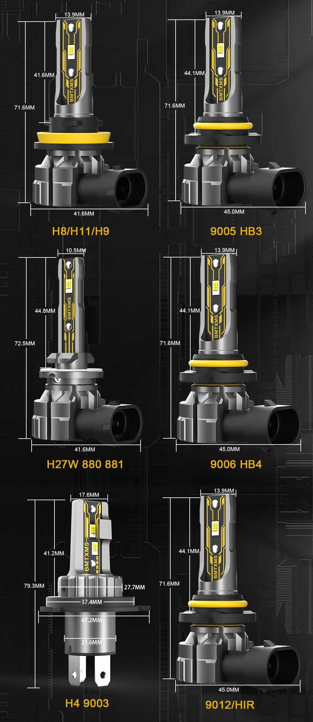 BMTxms 2PCS 9003 HB2 H4 LED Hi/Lo Beam Headlight H10 9145 9005 HB3 9006 HB4 H8 H9 H11 H27 880 881 Canbus LED Fog Lights DRL Lamp