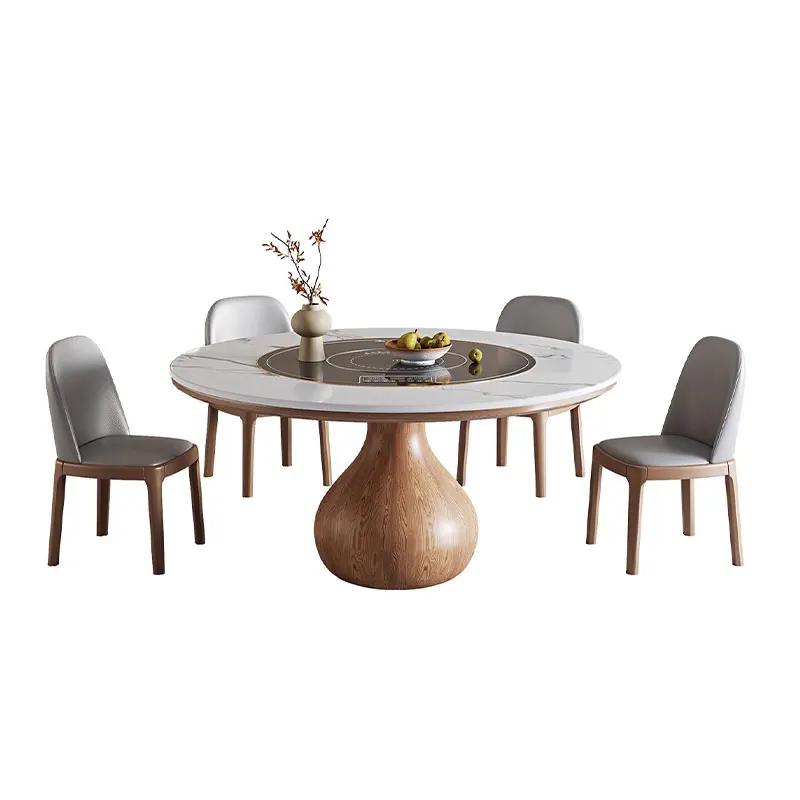 q*-Modern Round Dining Table Set with Built-in Induction Cooker White Sintered Stone Top Metal Legs Farmhouse Home Dining Room