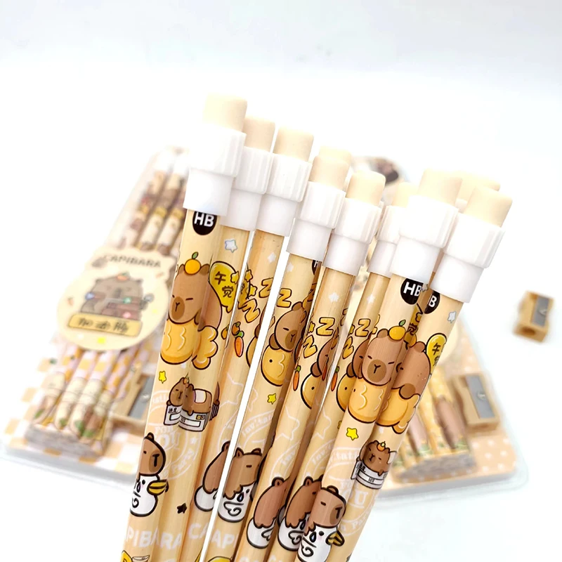 12pcs Cute Cartoon Capybara HB Pencils Stationery Set With Pencil Sharpener School Students Stationery Gift