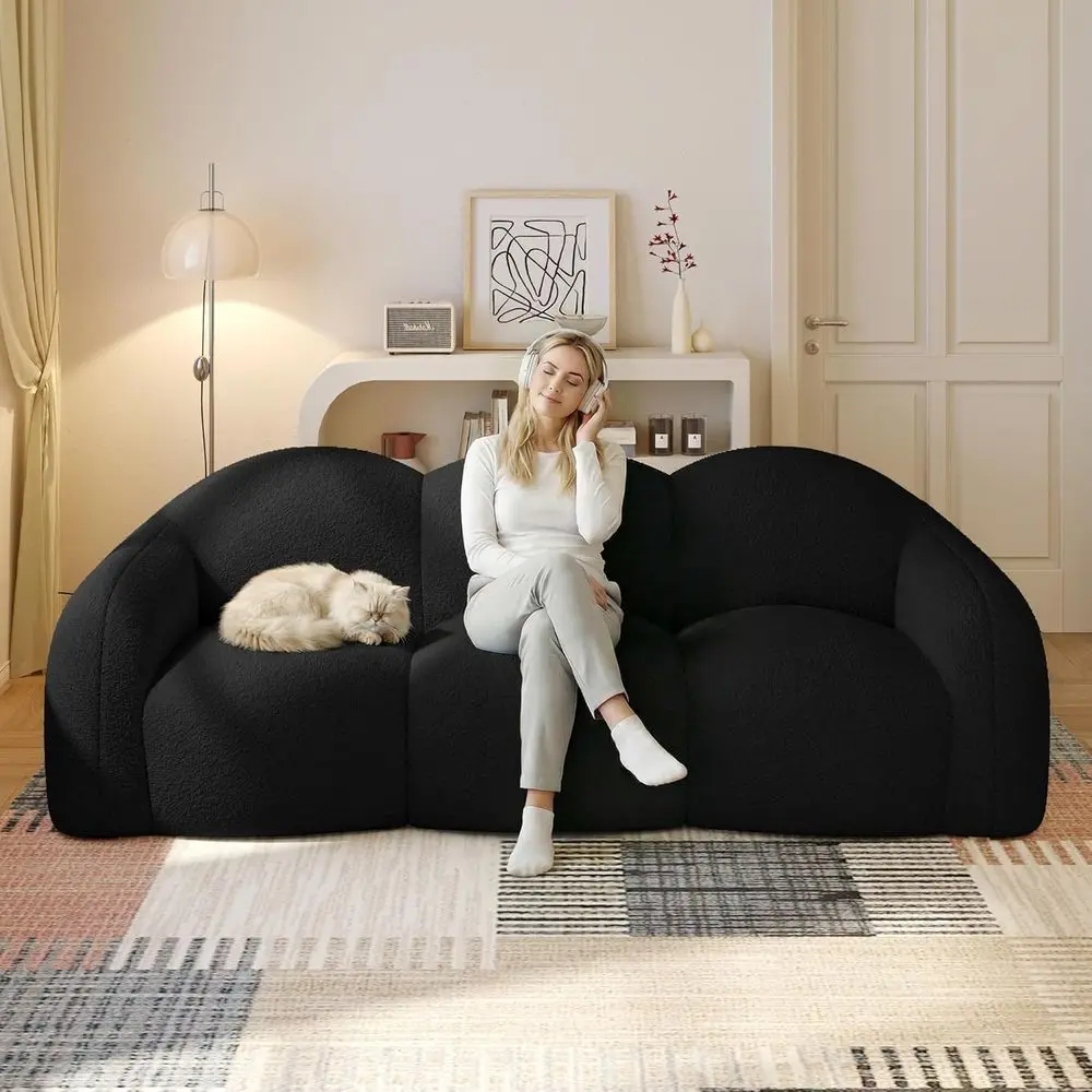 

90 Curved Cloud-Inspired Couch, 3-Seater Bean Bag Chair for Living Room or Bedroom, Cozy and Ready to Use (Black)