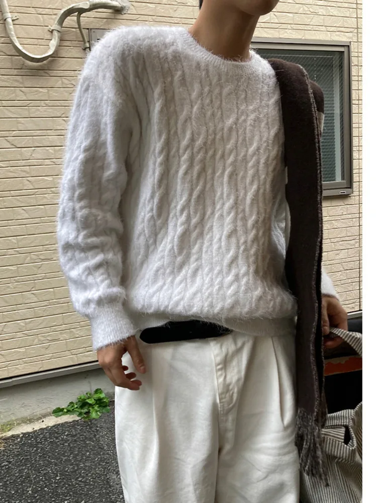 

SYUHGFA 2025 зимние нишевые дизайнерские мужские утепленные свитера с круглым воротником, однотонные вязаные топы, пуловер, свободная мужская одежда