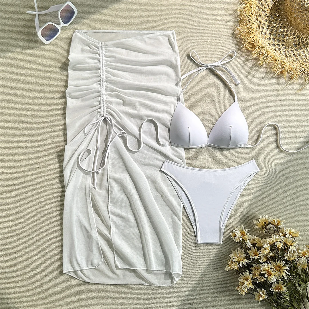 Mit Rock, Neckholder-Bikini, Damen-Badeanzug, dreiteiliges Bikini-Set, brasilianischer BH, Badebekleidung, Badeanzug, Schwimmbekleidung V7650 – Detail 8