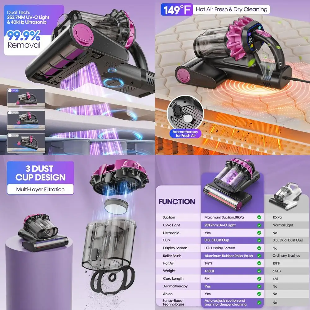 Smart Bed Vacuum Cleaner 550W, 18KPa, UV-C, HEPA, 149°F Heat, Handheld for Sofas & Couches