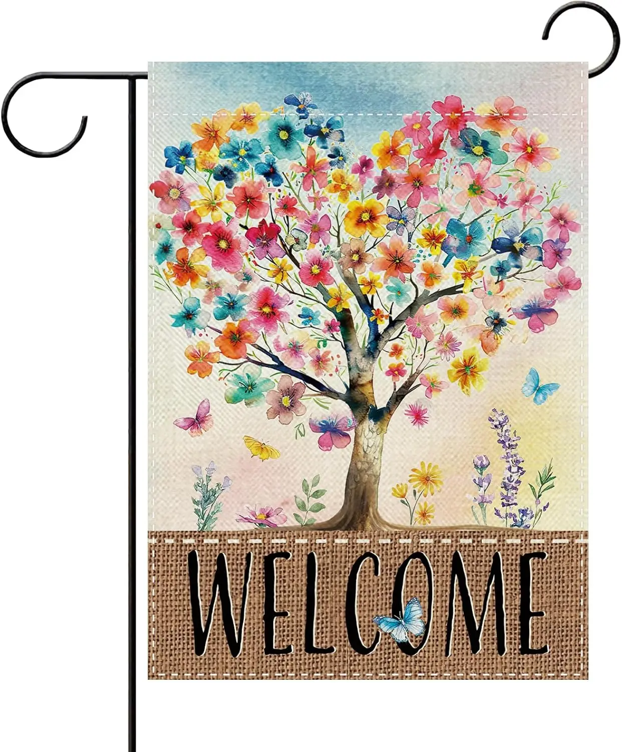 Welcome Spring Summer Floral Tree Decorative Garden Flag, Watercolor Love Heart Flower Butterfly Small Yard Outside Decorati GGX