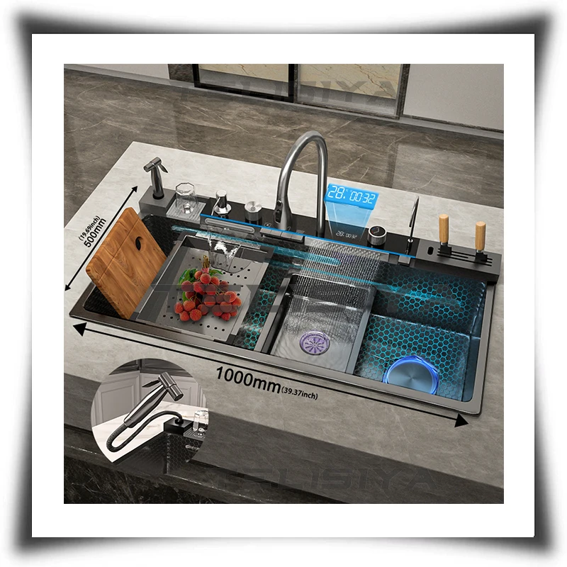 

2025 New Upgrade Black Kitchen Sink Nano Honeycomb SUS technology Smart Piano digital panel with spray gun faucet kitchen sink