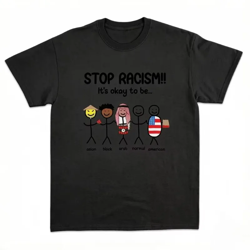 Stop Racism Multicultural Stick Figure Graphic T-Shirt Inclusive Anti-Racism O-Neck Short Sleeve Summer Streetwear Tee
