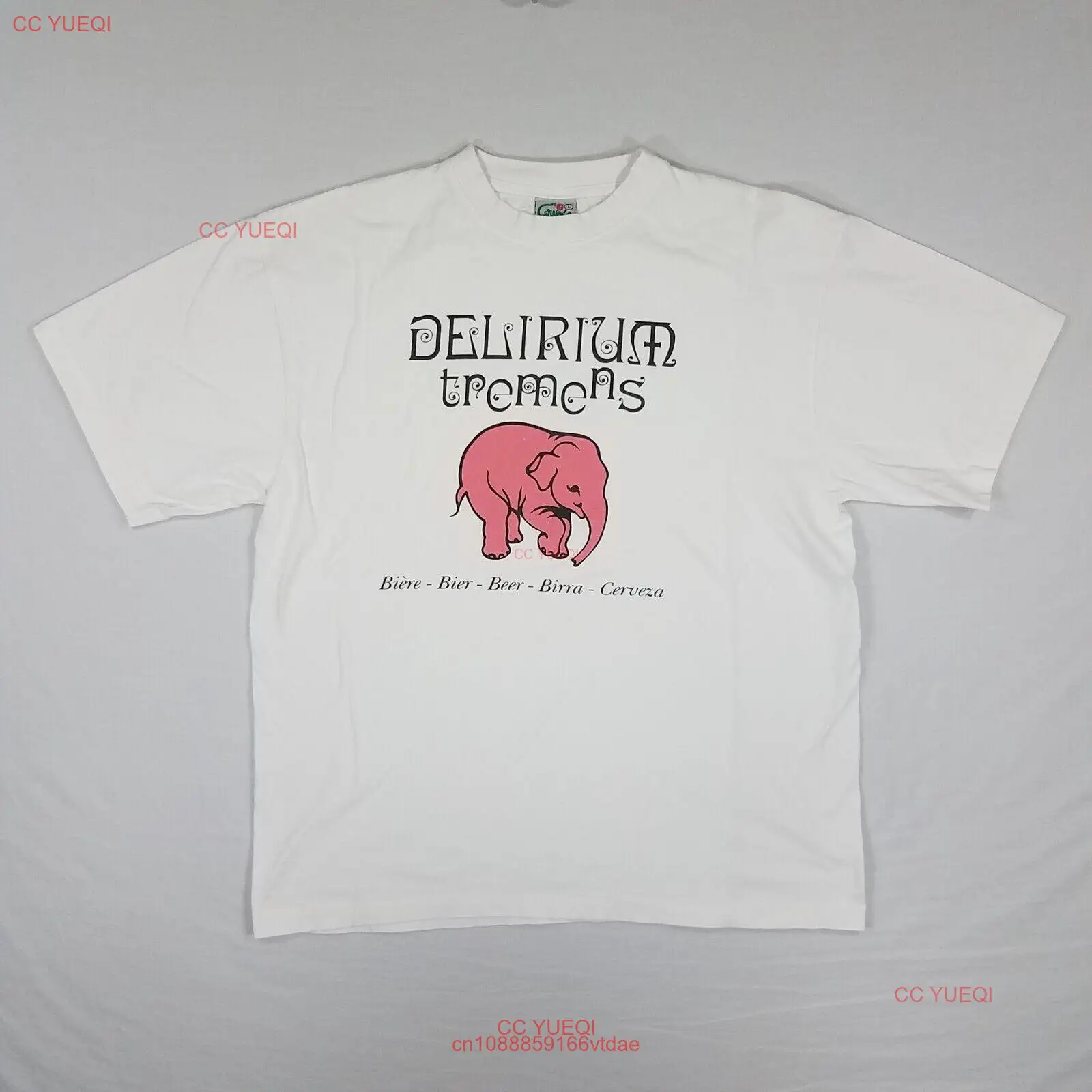Camiseta de cerveza Vtg 90s Delirium tremen, L Green's Tag, Logo de elefante rosa, Bélgica