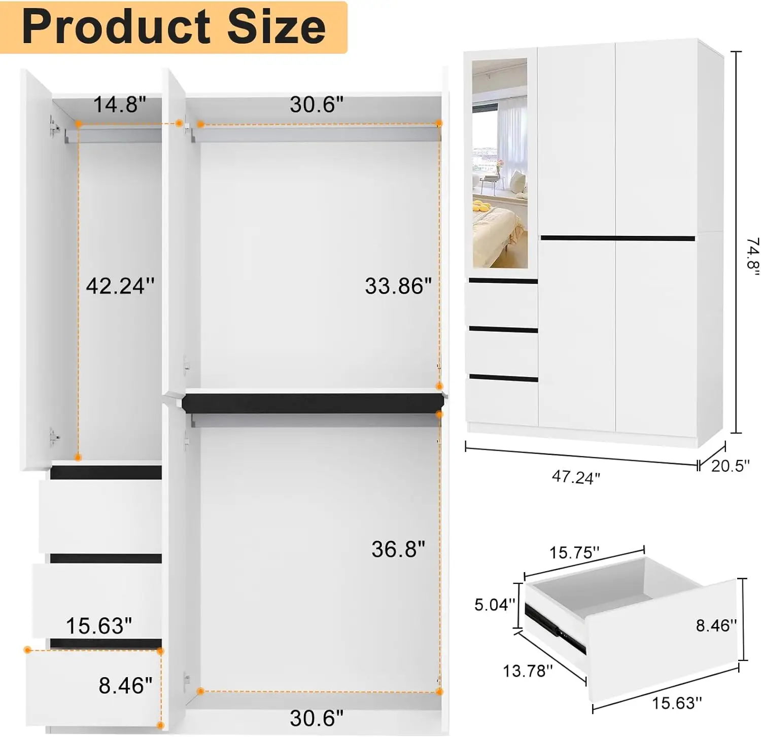 3 Closet, Wardrobe Closet with 3 Drawers, Freestanding Wardrobes with 3 Hanging Rod and a Mirror for Bedroom, White (20.5