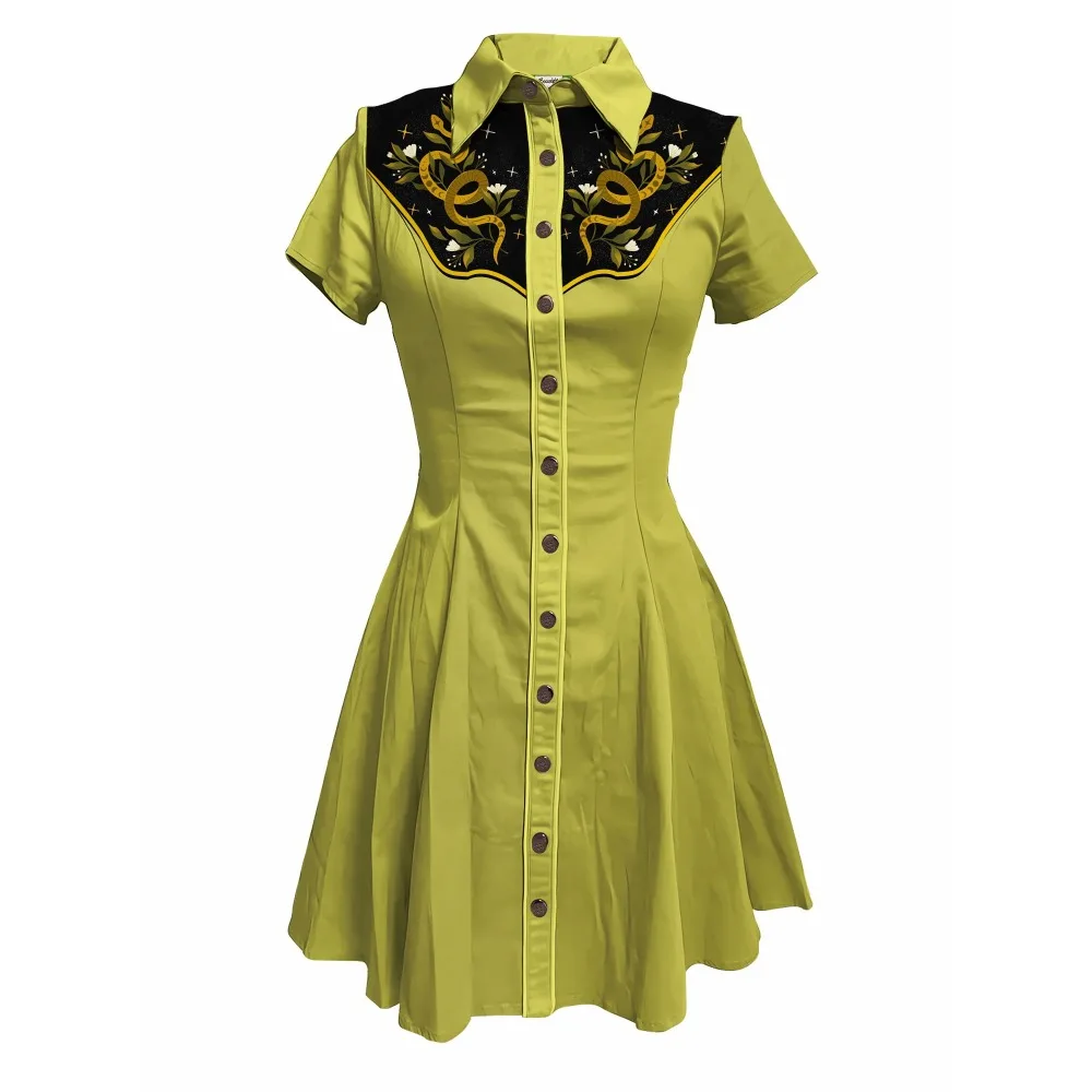 Bloemen en slangen bedrukte westerse cowboyjurk dames button-down jurk korte mouwen 100% katoenen jurk cool punk streetwear