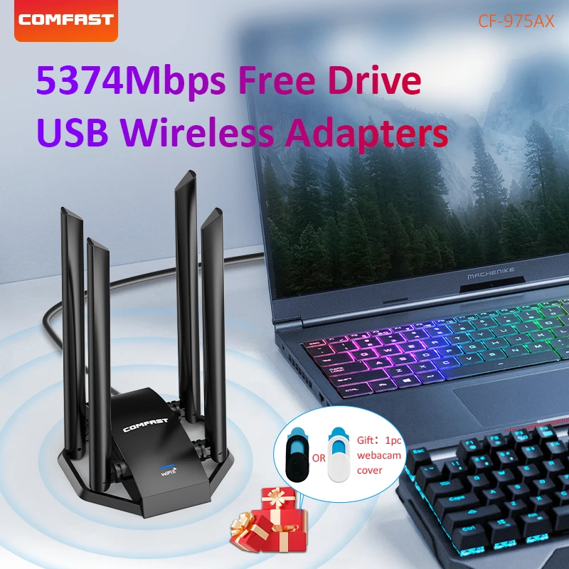 5374mbps usb wifi6 adaptador ax5400 tri-band 2.4g/5g/6ghz gigabit placa de rede de jogos wifi dongle 4 antena receptor para win10/11