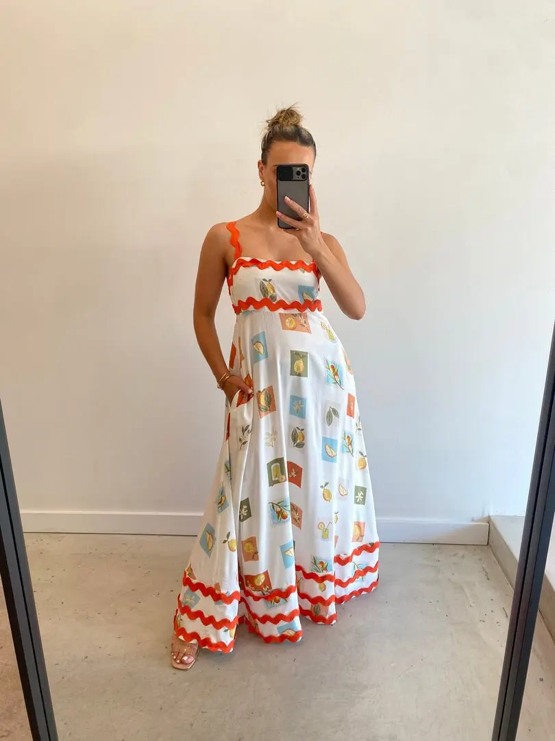 

Casual Boho Printed Dress Summer Fashion Vacation Wave Suspender High Waist A-line Long Dresses Summer New Elastic Waist Dress