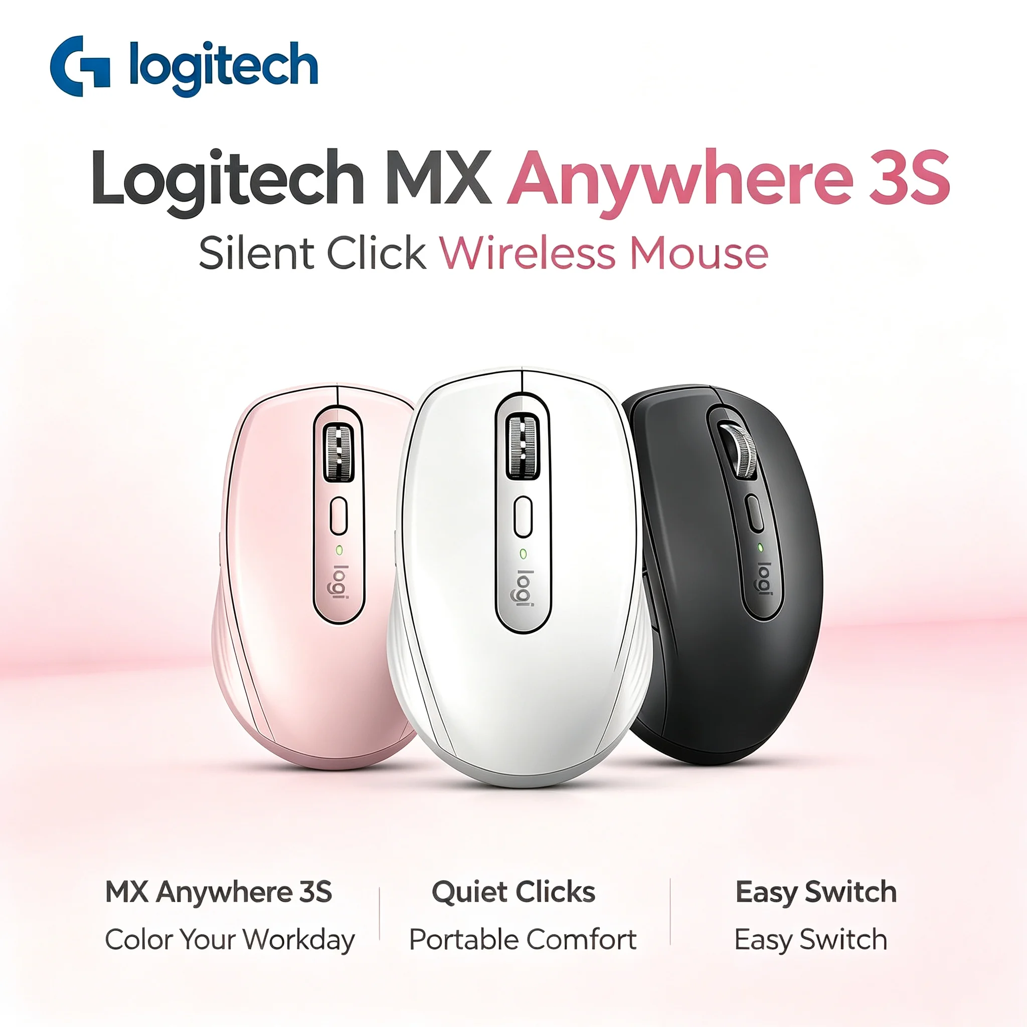 Logitech MX Anywhere 3S Travel Wireless Mouse, Silent Click, Bluetooth & USB Receiver Option, Portable Mice