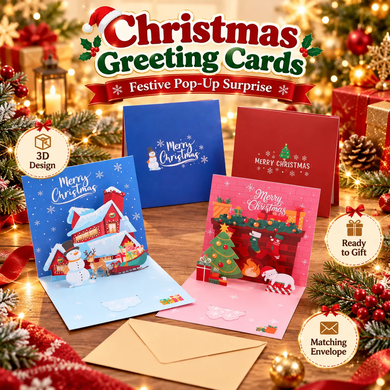 Cartes de vœux de Noël 3D à effet pop-up, motifs festifs variés, cartes de Noël pliables faites à la main avec enveloppes pour les vœux et les cadeaux.