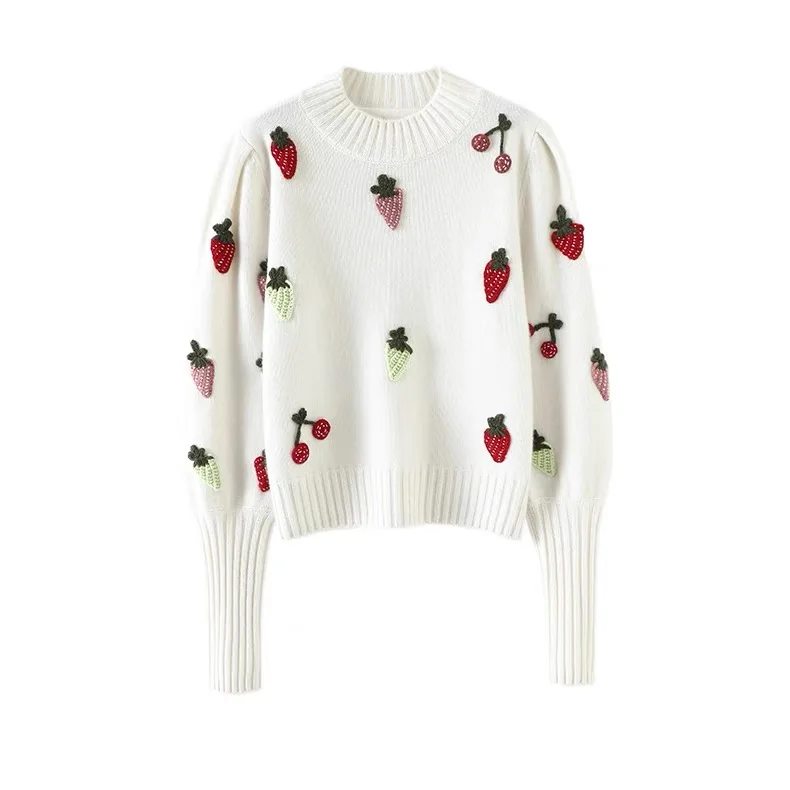 Strawberry Crochet Knit Sweater Pullover Women Half High Collar Long Sleeve Tops Knitwear 2024 Spring Stylish Fashion Chic Jumpe