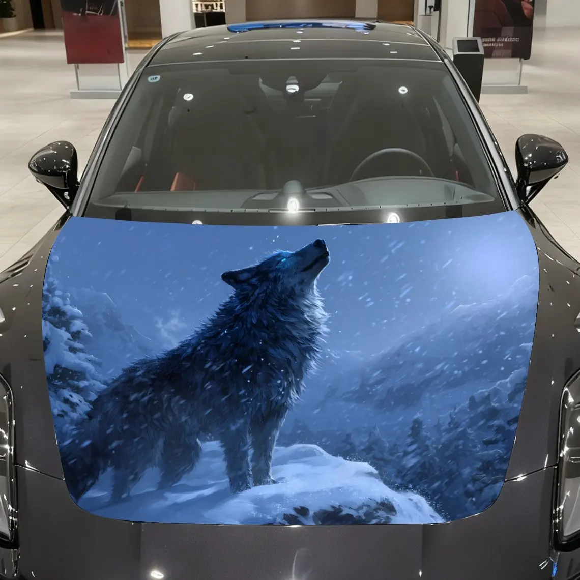 

Wolf Posture in Snowy Land on Cold Night Car Vinyl Wrap, PVC Material Waterproof Car Hood Sticker, Self-Adhesive Scratch-Resista