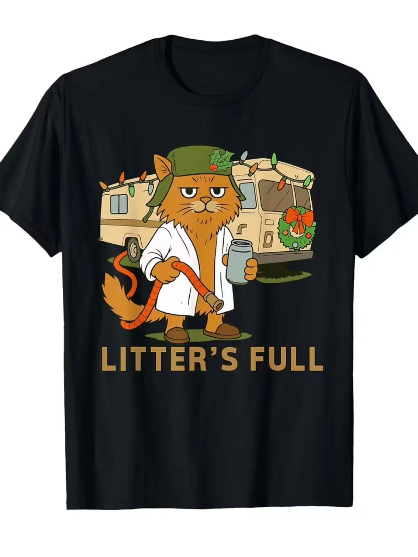 Humorous T-Shirt for Cat Litter Training - Adorable Full Body Print of a Cat Spraying And Drinking Water Short Sleeved Crew Neck