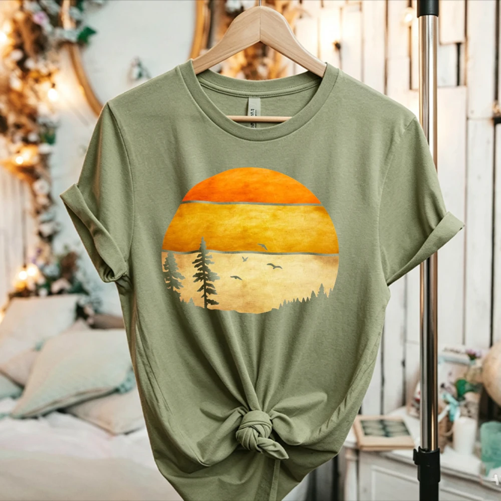 Women Retro Sunset Forest Bird Nature Cotton T Shirt Vintage Wilderness Outdoor Graphic Casual Short Sleeve Tee Hiking Tops