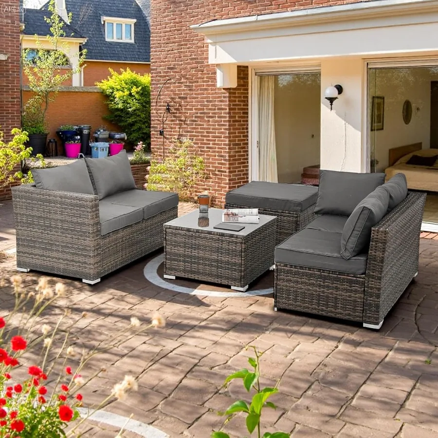 4 Piece Outdoor Patio Furniture Set Patio Sectiol Sofa PE Wicker Sectiol Sofa with Coffee Table 5mm Safety Glass Outdoor Conver