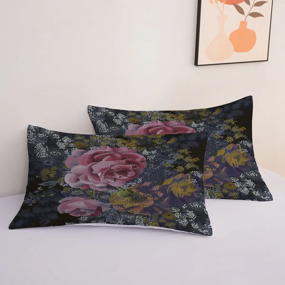 Pink rose  Duvet size  Blue background White flowers  Printed duvet cover 3-piece set with 2 pillowcases