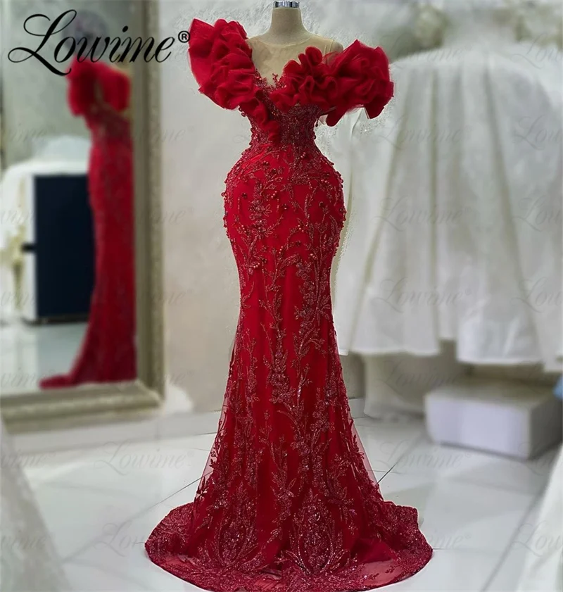 

Red Elegant Arabic Off Shoulder Ruffles Evening Dress Vestidos De Festa 2023 Customize Mermaid Party Prom Formal Occasion Dress