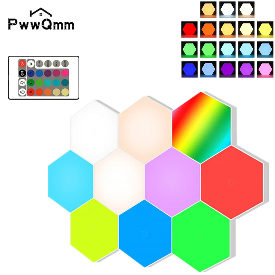 PwwQmm 10/PCS LED RGB Hexagon Light Indoor Wall Light Remote Control Night Light Computer Game Room Bedroom Bedside Decoration