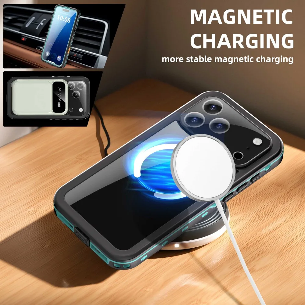 حافظة مقاومة للماء IP68 لهاتف أبل آيفون 17 16 16E 15 14 13 Pro Max مقاومة للصدمات والغوص والسباحة والرياضة الخارجية وشحن مغناطيسي