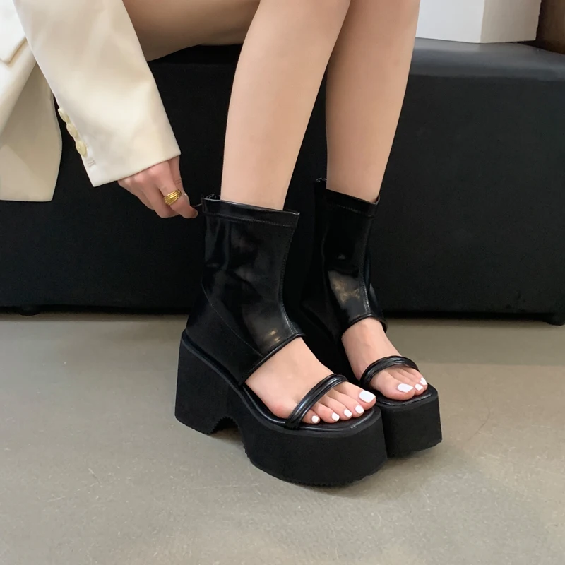 Ladies Sandals Block High Heels For Women Platform Heels Chunky Punk Back Zipper Wedge Sandals Summer High-Tie Shoes Zapatos