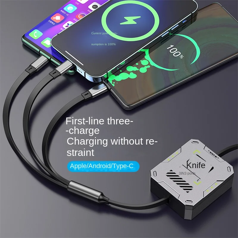 

Mecha Style Charging Box With Stretchable 1.8m Cable and 3 Connectors Micro Usb Type-c Fast Charger Micro Usb Type-c Data Cable