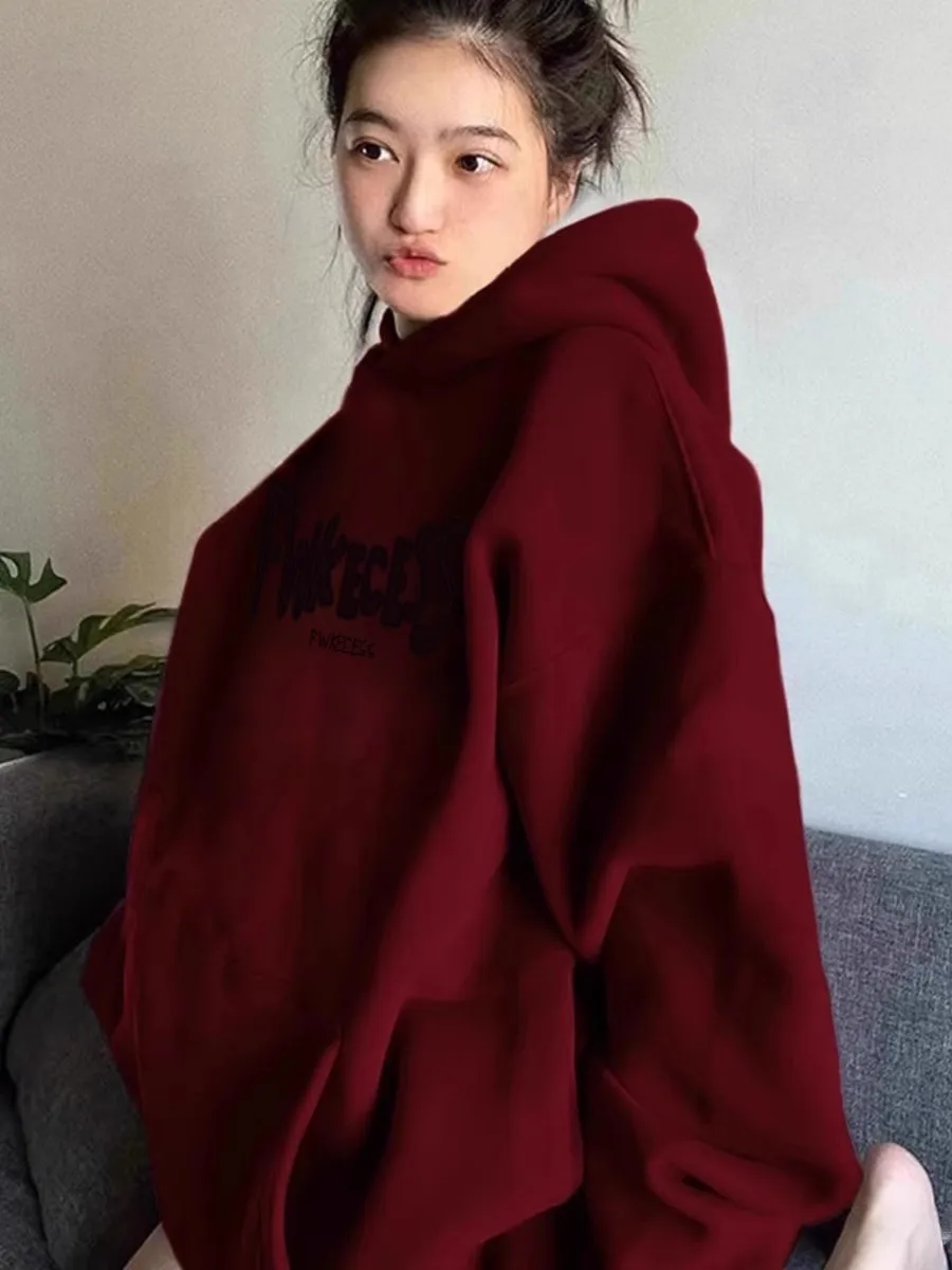 Burgundy Retro Sweatshirt Women\'s American Lazy Style Autumn and Winter oversize Design Spring Hooded Niche Jacket