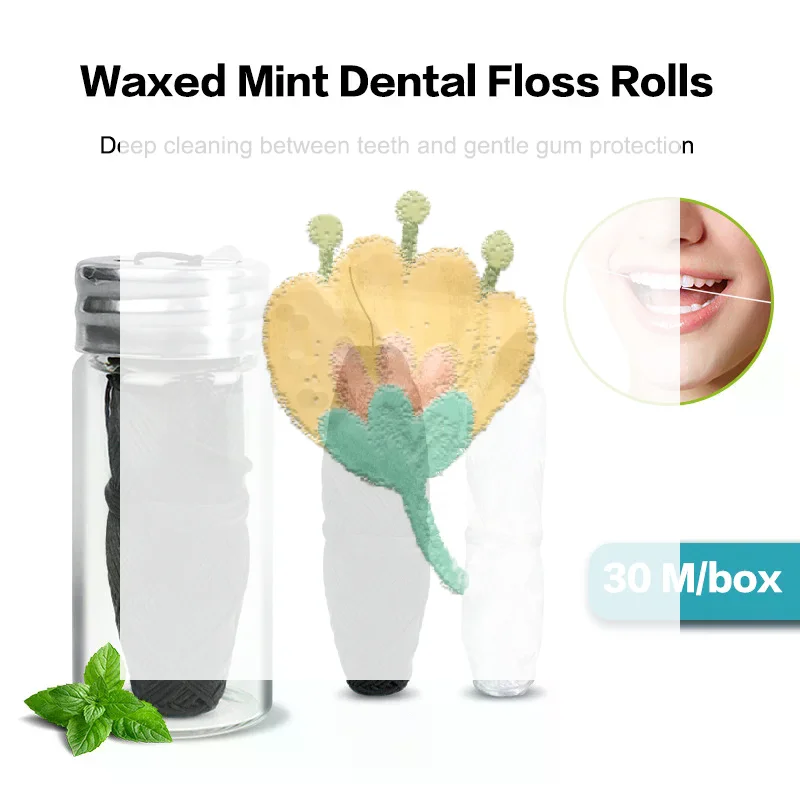 30m Vegan Biodegradable Bamboo Charcoal Dental Floss With Refillable Glass Holder Mint Flavored Tiny Floss