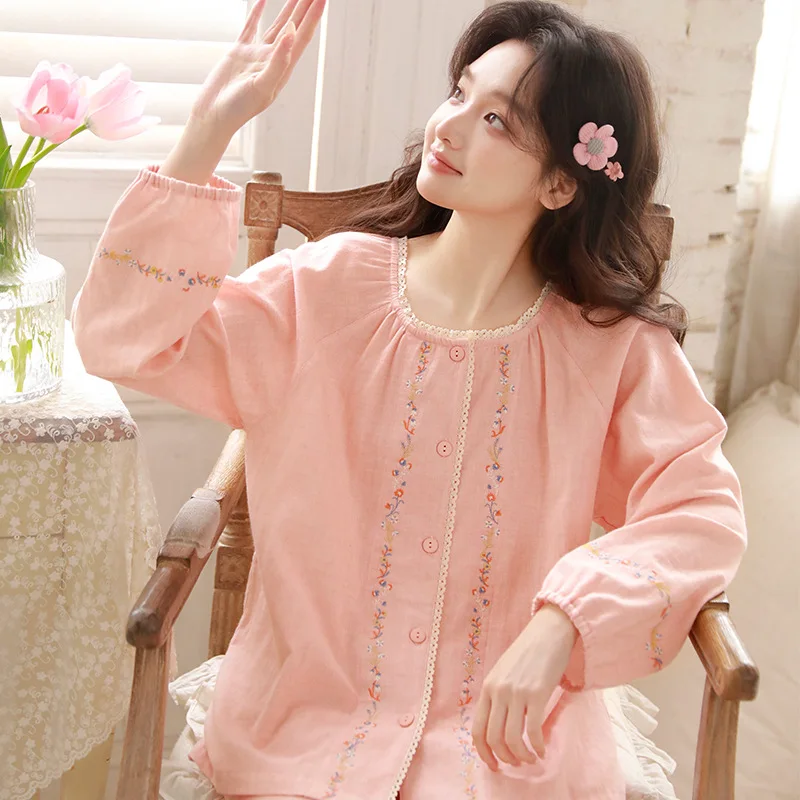 

Spring New Pajamas Women's Long-sleeved Loungewear Set Embroidery Thin Can Be Worn Outside