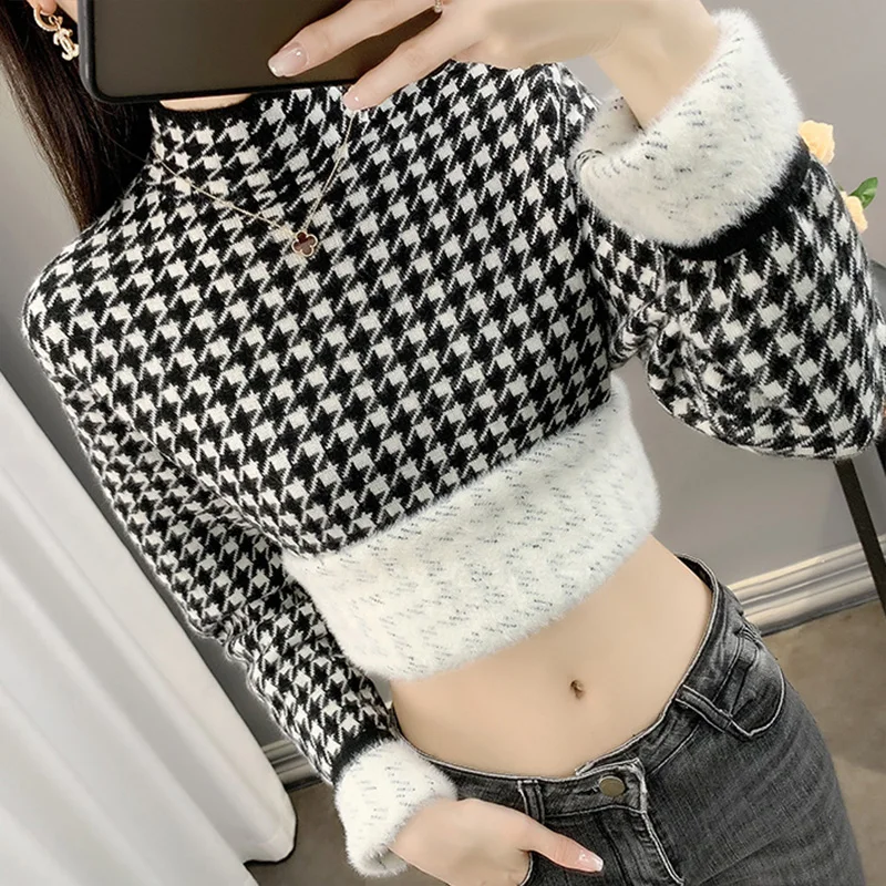 Autumn Winter Plus Velvet Fashion Houndstooth Pullover Harajuku Slim Fit Tops Women All Match Knitwear Long Sleeve Lady Sweaters