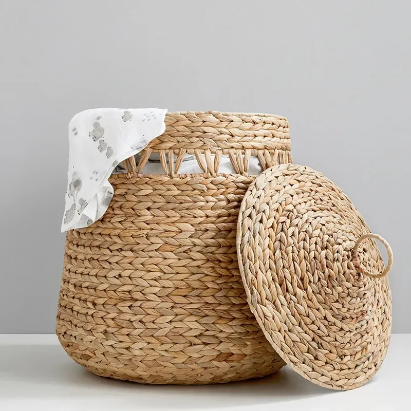 Natural Water Hyacinth Woven Storage Basket with Lid Japanese Style Handmade Organizer for Snacks Sundries Home Decor