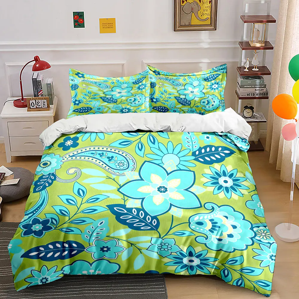 3Pcs Lime Green Paisley Floral Bedding Set, Retro Teal Flower Leaf Print Duvet Cover 2 Pillowcases Single Double King Queen