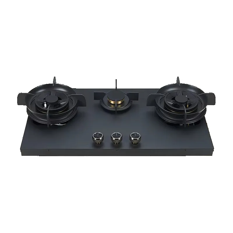 Rock slab embedded three-eye hidden fire gas stove, the surface is tempered glass