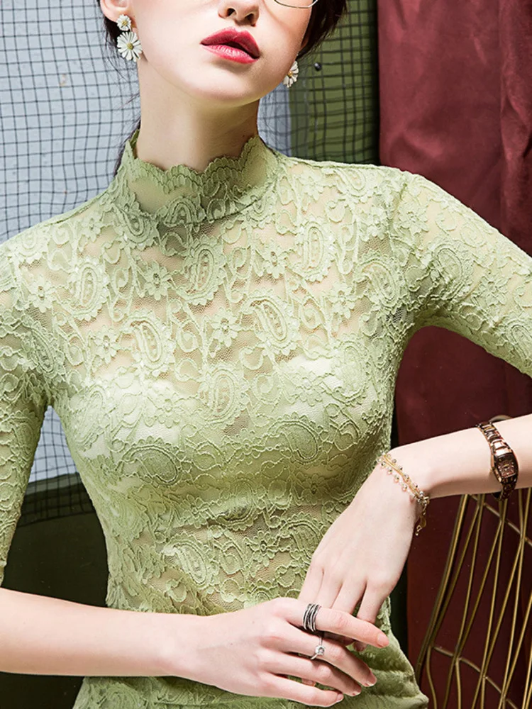 Elegancka koronkowa bluzka z wysokim dekoltem dla kobiet – Klasyczny kostium do tańca z rękawami do połowy ramienia na występy sceniczne lub do ćwiczeń