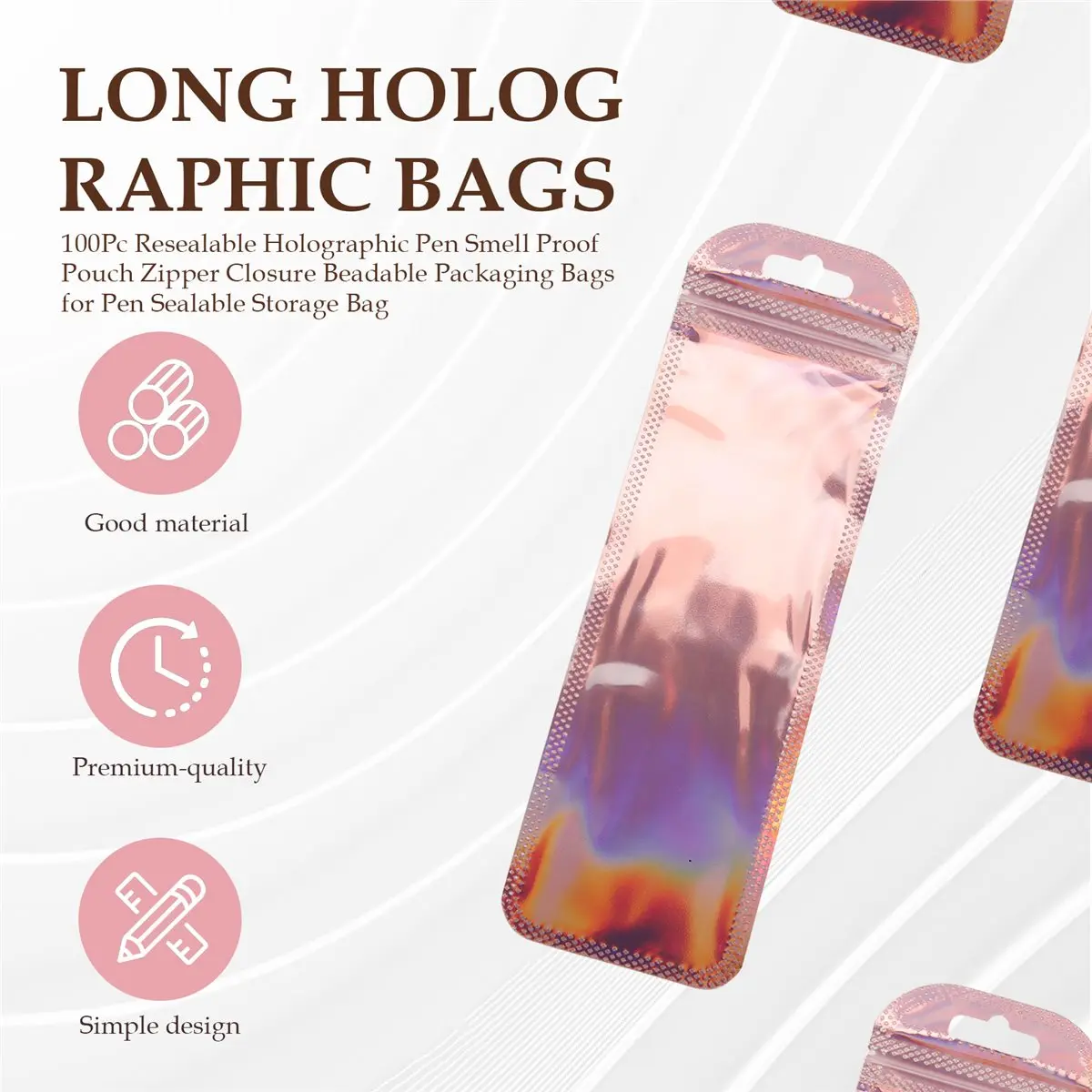 AA77 NEW 100Pc Resealable Holographic Pen Smell Proof Pouch Zipper Closure Beadable Packaging Bags for Pen Sealable Storage Bag